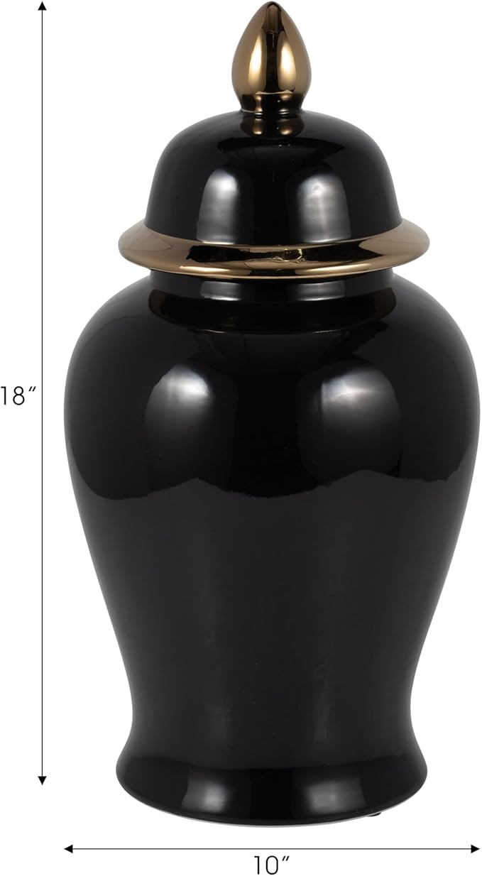 Ceramic Temple Jar with Lid for Living Room Decor - Contemporary Flower Vase for Bedroom, Home Styling, and Kitchen Counter - Sculpted House Accent for Office and Table Decor - 18", Black & Gold