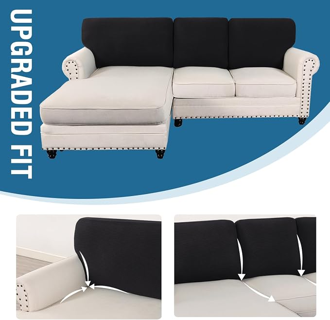 H.VERSAILTEX Backrest Cushion Covers Sectional Couch Back Cushion Covers for Sectional Sofa Set for Both Left/Right Couch (Back Only: 1 Chaise + 2 Sofa, Black)