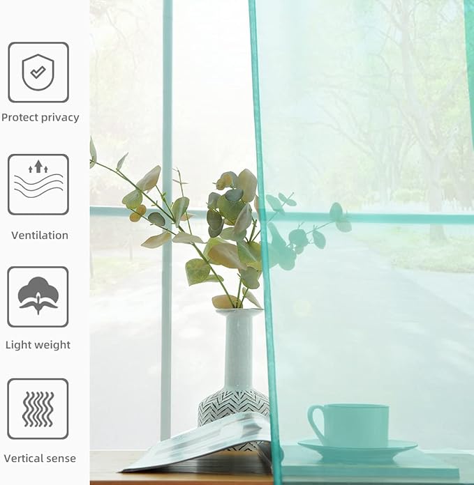 youleyar Solid Sheer Rod Pocket Curtain Voile Draperies 2 Panels White Beige Black Grey Coffee 52 Inch Width 90 Inch Long 1 Pair for Kitchen Bedroom Children Living Room Yard (Turquoise,52Wｘ90L)