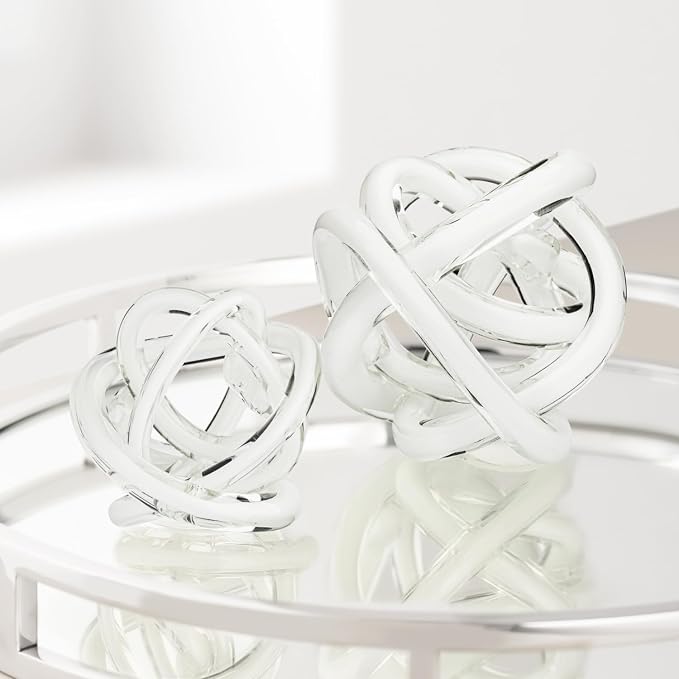 Torre & Tagus Orbit Hand Blown Glass Infinity Knot Sculpture - 4.5 Inch Glass Art White Knot Decor Ball for Home Decor, Small Centerpiece Table Decoration for Home Interior (Solid White)