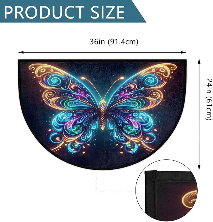 Pardick Half Round Doormat Glowing Animals Butterfly Semi Circle Rug Non Slip Indoor Outdoor Entrance Half Moon Rug Washable Front Floor Mat for Kitchen Bathroom Patio Fireplace Holiday Decor