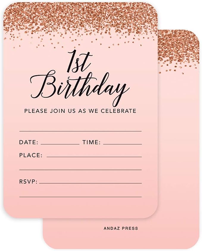 Andaz Press Blush Pink and Rose Gold Glitter Elegant Party Collection, 5x7-inch Invitations with Envelopes, 1st Birthday, 24-Pack, Double Sided Printing, Heavy Card Stock, Includes Envelopes