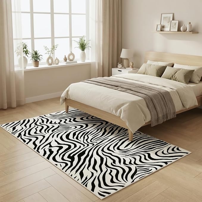 Black and White Rug 3x5 Animal Print with Abstract Stripes, Non-Slip TPE Backing, Low Pile, Washable Rugs Easy Clean, Suitable for Living Rooms, Bedrooms, and Offices