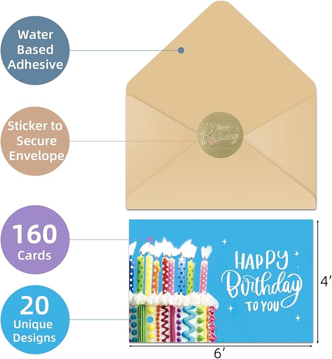 160 Happy Birthday Cards with Envelopes, Birthday Cards Bulk with Short Generic Message Inside, 20 Unique Designs, 4x6 inches, Birthday Cards Assortment for Business and Personal