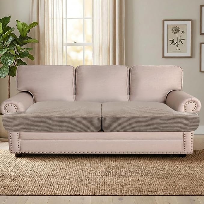 H.VERSAILTEX Stretch 2 Piece T Cushion Sofa Slipcovers Individually Sofa Cushion Covers for 2 Cushion Couch Sofa Seat Cushion Covers with Elastic Bands Featuring Thicker Jacquard Fabric, Taupe