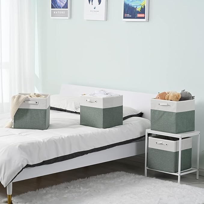FinishingBo 13x13x13 Storage Cube Bins 6 Pack, Cube Shelf Baskets | Foldable Storage Cubes, Linen Storage Bins with Handles, Closet Organizers, White/Green
