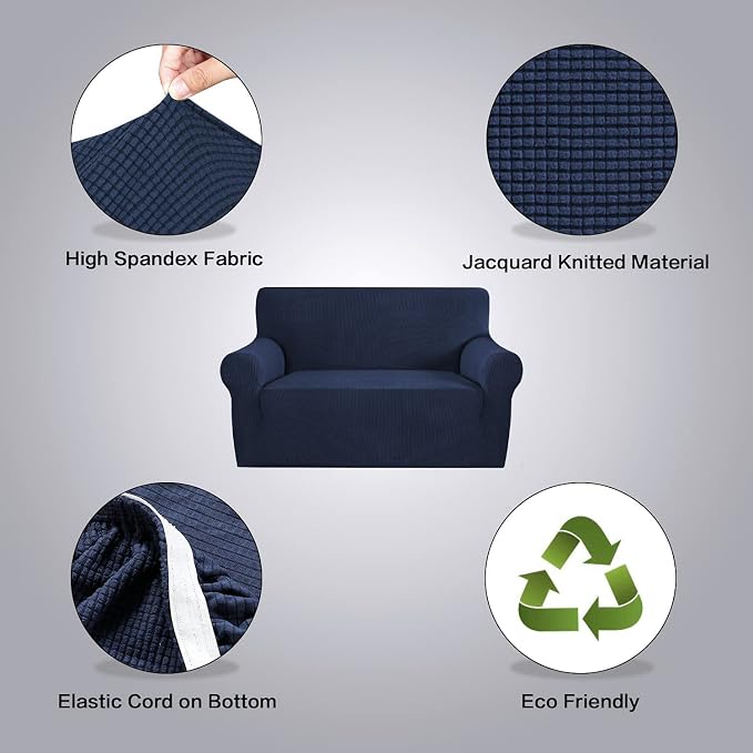 H.VERSAILTEX Stretch Couches Covers Slip Covers for Sofas/Couches 2 Cushions Sofa Cover for Loveseat 1 Piece with Elastic Bottom, Textured Checked Jacquard Fabric(Loveseat 58"-70" Wide, Navy)