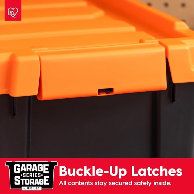 IRIS USA 4 Pack 12 Gallon Lockable Storage Bins, Heavy Duty Stackable Containers with Lids for Garage Organization or Moving, Black/Orange