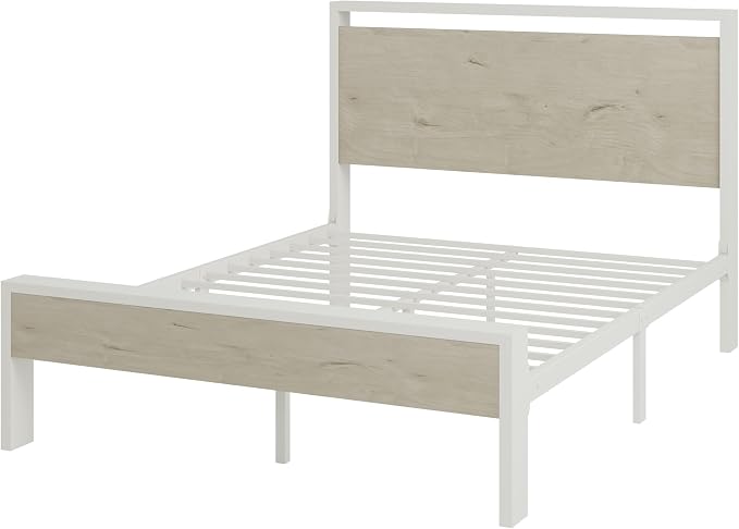Allewie Full Size Bed Frame, Heavy Duty 12 Metal Slats Support, White | Wooden Headboard and Footboard, Modern Platform Bed, No Box Spring Needed, Under-Bed Storage, Noise Free, Easy Assembly