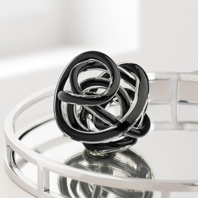 Torre & Tagus Orbit Hand Blown Glass Infinity Knot Sculpture - 4.5 Inch Glass Art Black Knot Decor Ball for Home Decor, Small Centerpiece Table Decoration for Home Interior (Solid Black)