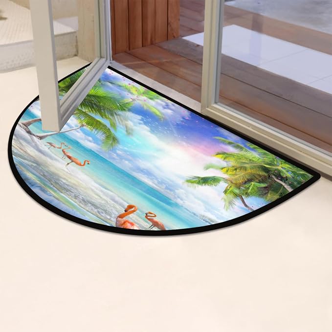 Half Round Doormat Summer Flamingo Flower Non Slip Half Circle Area Rugs Indoor Washable Half Moon Rug Semi Circle Bathroom Runner Mat Entrance Floor Carpet for Kithen Bedroom Fireplace Decor