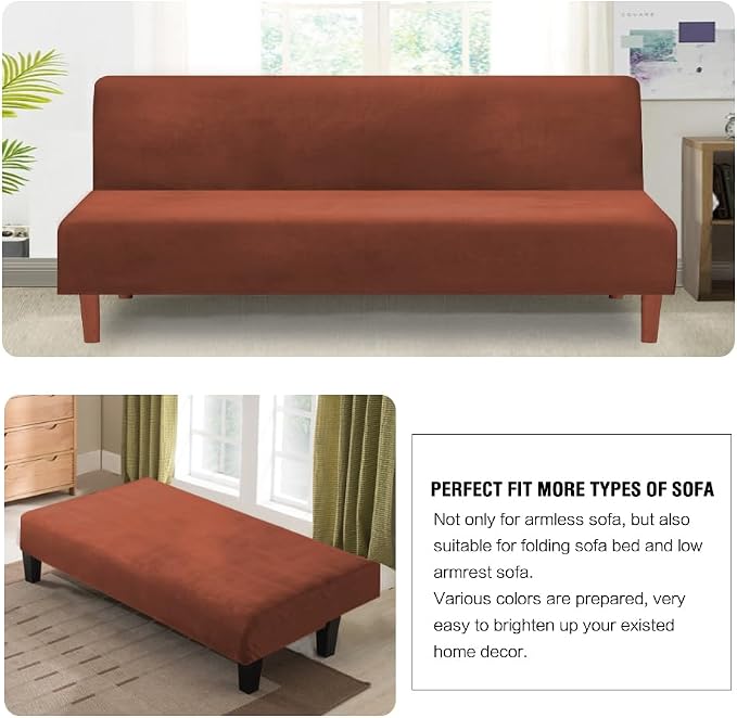 H.VERSAILTEX Real Velvet Futon Cover Armless Sofa Covers Sofa Bed Covers Stretch Futon Couch Cover Sofa Slipcover Furniture Protector Thick Soft Cozy Velvet Fabric Form Fitted Stay in Place, Rust
