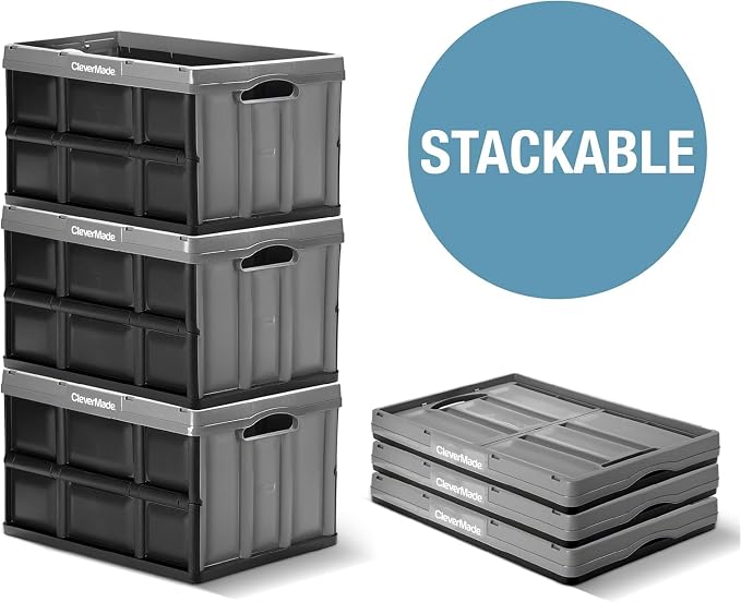 CleverMade Collapsible Storage Bins, 46L, 3 Pack, Ocean | Each bin supports 75 lb for groceries, tools, or gear. Interlocking bases stack securely, and the bins fold to 2.75 inches.