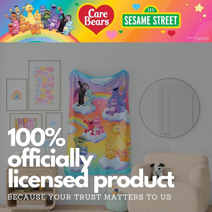 Care Bears x Sesame Street Nostalgic Kids Bedding Super Soft Cozy Plush Throw, 46 in x 60 in, (Officially Licensed Product) by Franco