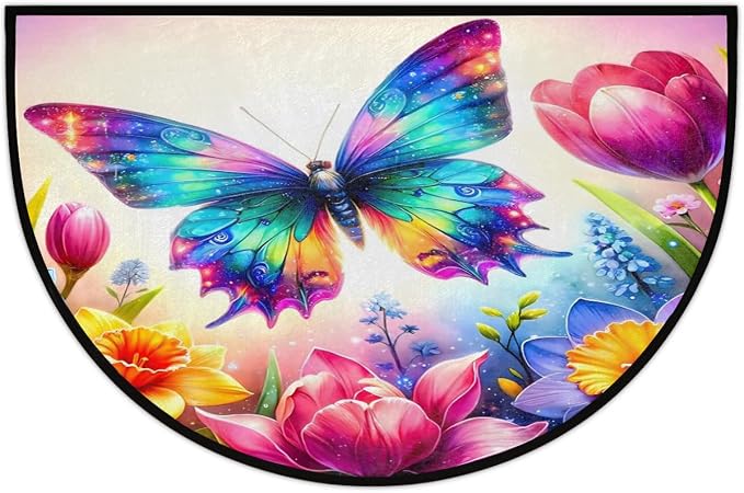 cfpolar Half Round Door Mat Flower Animal Butterfly Non-Slip Semi Circle Area Rug Washable Half Moon Hearth Rugs for Indoor Outdoor Bathroom Kitchen Patio Runner Mat Laundry Room Home Decoration