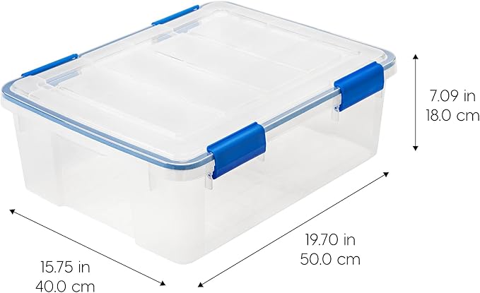 IRIS USA 3-Pack 26.5 Qt Storage Bins with Gasket Lids, Clear/Blue | WeatherPro seal protects everyday essentials in closets, offices and laundry rooms