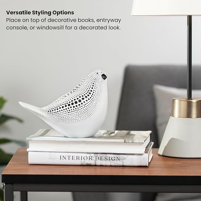 Torre & Tagus 5" Resting Bird Statue for Home Decor & Office Decoration, White Finish with Indented Black Polka Dots for Indoor Book Shelf, Entryway Console, Bedroom & Wedding Gift (Debossed Bird)