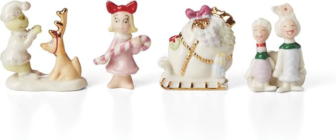 Lenox Dr. Seuss Who-Ville Accessories 4-Piece Christmas Figurine Set | porcelain with 24k gold accents | includes grinch, max, cindy lou who, and carolers | collectible gift for grinch fans