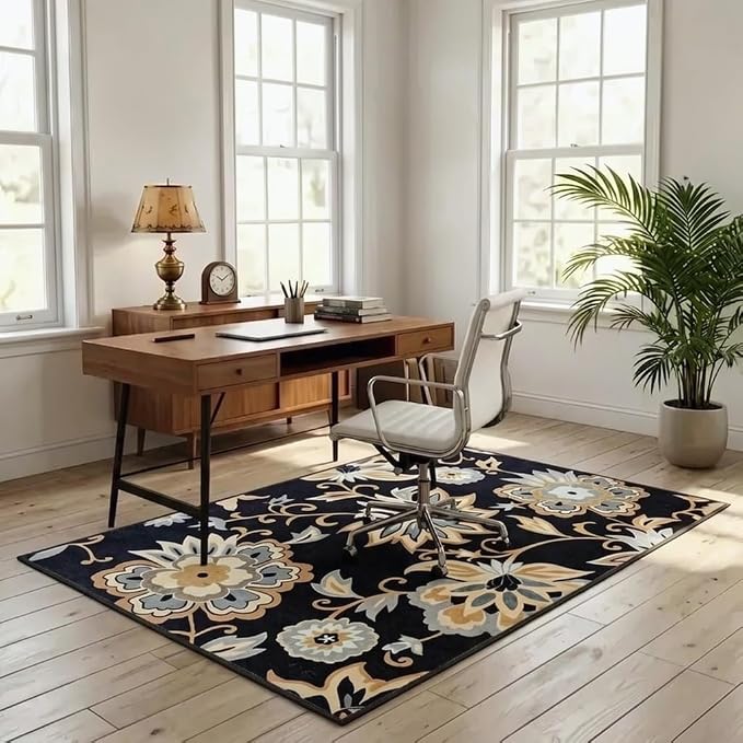 Black Floral Washable Rug 3x5, Ultra Thin Resistant Paisley Bedroom Rugs, Non-Slip Vintage Entryway Carpet, Boho Print, for Living Room, Kitchen, Office