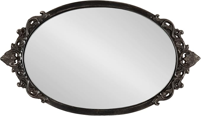 Kate and Laurel Arendahl Vintage Oval Mirrored Decorative Tray; 17 x 10; Antique Black; Traditional Ottoman Tray for Living Room Home Decor with Ornate Detailing