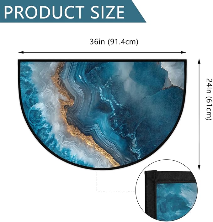 Modern Marble Blue Half Round Door Mat Half Moon Rug Washable Half Circle Area Rugs Indoor Entrance Non Slip Semi Circle Bathroom Rugs Floor Carpet for Kithen Bedroom Fireplace Decor