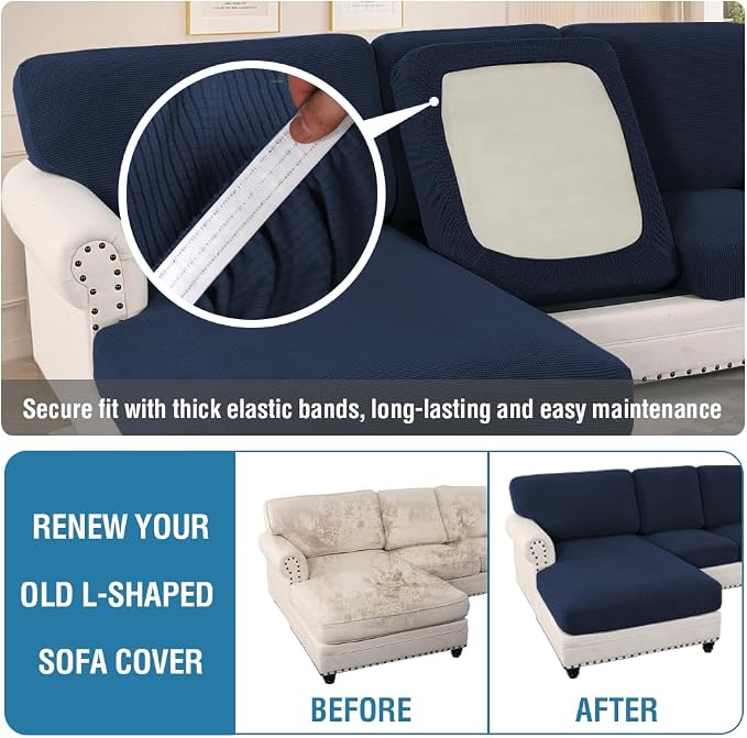 H.VERSAILTEX Sectional Couch Covers 8 Pieces Stretch Sofa Covers for Sectional Sofa Set Separate L Shaped Couch Cover for Both Left/Right Couch (Seat and Back: 1 Chaise + 3 Sofa, Navy)