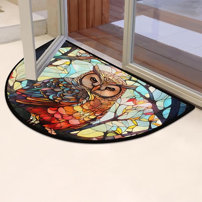 Owl Glass Window Half Round Door Mat, Non-Slip Entrance Welcome Mat for Indoor Semi Circle Bathroom Floor Rugs Outdoor Mats House Entry Way Heavy Duty Doormat for Kitchen Living Room 36x24 Inch