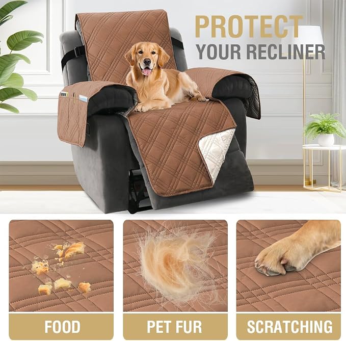 H.VERSAILTEX 100% Waterproof Recliner Chair Covers with Arms Lazy Boy Recliner Chair Covers Furniture Protector with Elastic Straps for Pets Kids Sitting Width Up to 23" (Recliner, Terracotta/Beige)