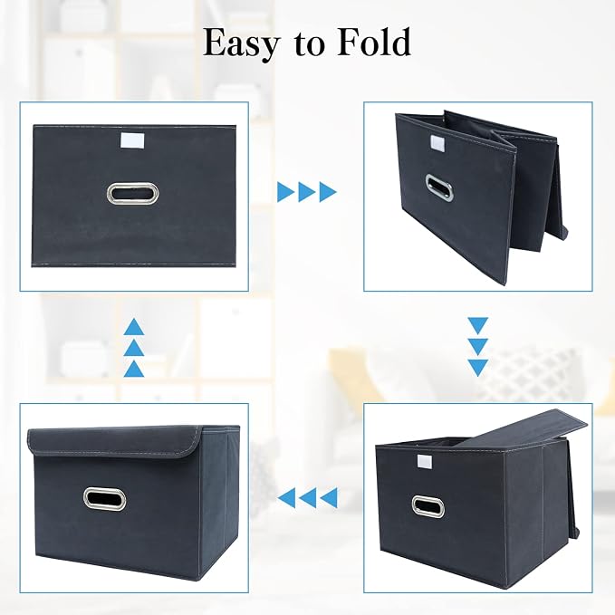 STOREONE Fabric Storage Cube Bins Foldable Organizer Container Collapsible Basket with Lids and Metal Handles, for Home, Bedroom, Closet 8 Pcs (Grey)