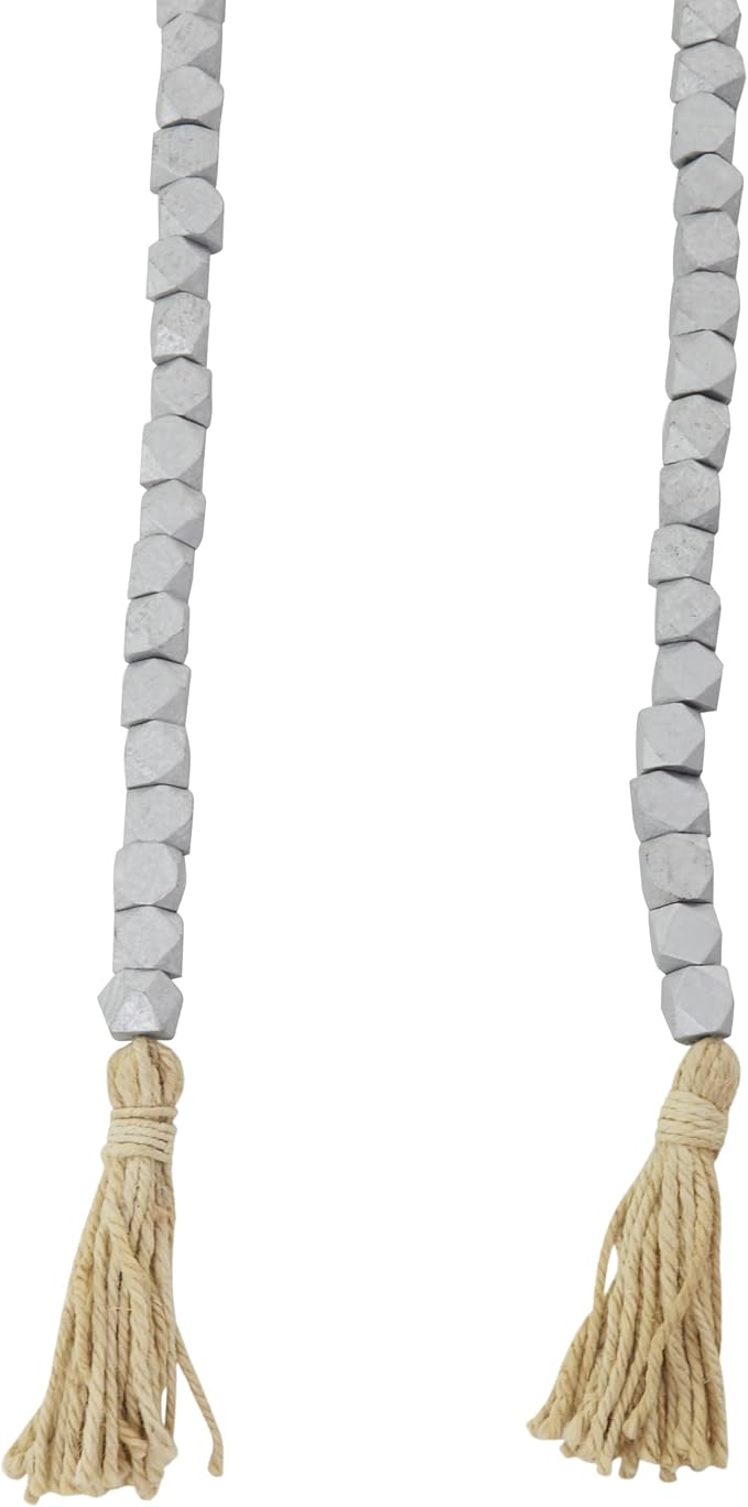 Deco 79 Mango Wood Handmade Hexagon Metallic Carved Geometric Long Beaded Garland with Tassel, 80" x 1" x 1", Silver