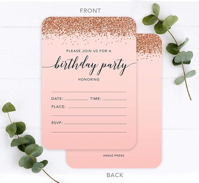 Andaz Press Blush Pink and Rose Gold Glitter Elegant Party Collection, 5x7-inch Invitations with Envelopes, Birthday Party, 24-Pack, Double Sided Printing, Heavy Card Stock, Includes Envelopes