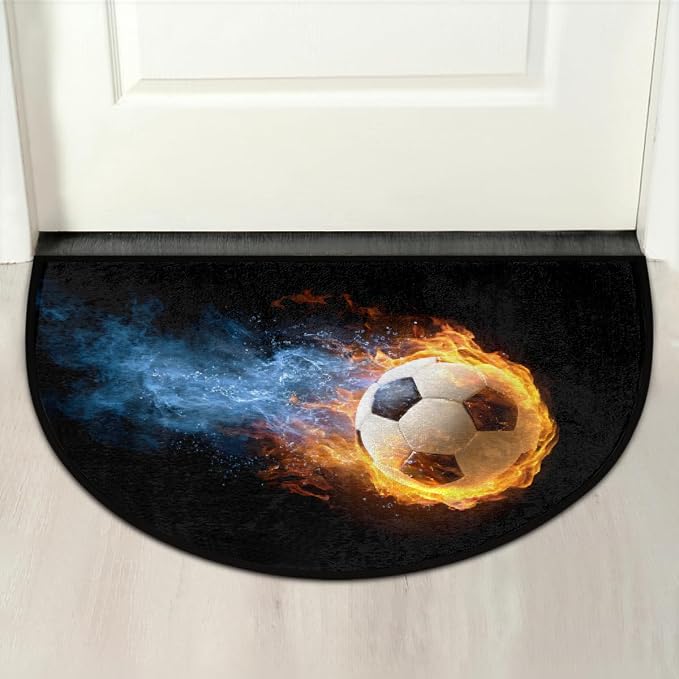 Soccer Half Round Doormat Non-Slip Semi Circle Rug Half Moon Mat | Black Flame Washable Soft Absorbent Indoor Outdoor Entrance Kitchen Bathroom Sink Patio Welcome Fireplace Floor Rug