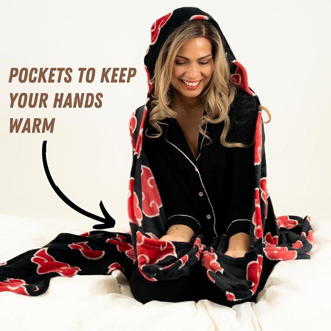 Naruto Anime Akatsuki Cloud Bedding Super Soft and Cozy Wearable Hooded Throw Blanket, 70 in x 50 in (Official Licensed Product) By Franco Collectibles