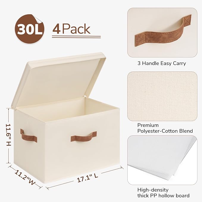 CHICVITA 4-Pack Large Fabric Storage Bins with Lids for Shelves, Ivory | 17.1" x 11.2" x 11.6" Decorative Storage Boxes with Handles for Clothes Fit Closet, Toy Box with Support Plate for Playroom