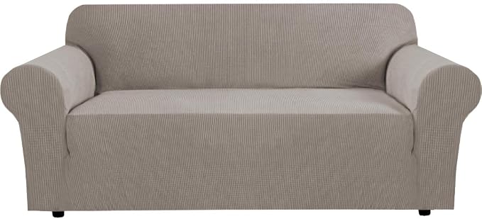 H.VERSAILTEX Stretch Sofa Covers for 3 Cushion Couch Slip Covers for Sofas/Couches Feature Thick Checked Jacquard Fabric with Elastic Bottom, Sofa Large - Taupe