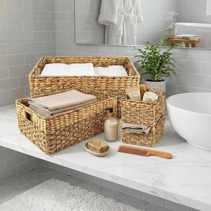 Wicker Storage Basket for Shelves, Set of 4 | Natural Seagrass and Hyacinth, Nesting, Woven Storage Baskets for Organizing Living Room, Shelves, Pantry, Rectangle, Rattan