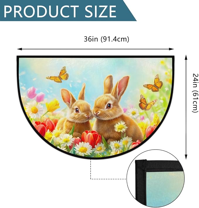 cfpolar Spring Easter Bunny Flower Half Round Door Mat Indoor Entrance Half Circle Area Rug Semi Circular Door Mat Half Moon Rug for Floor Bathroom Living Room Bedroom Kitchen Fireplace 24"x36",A-06