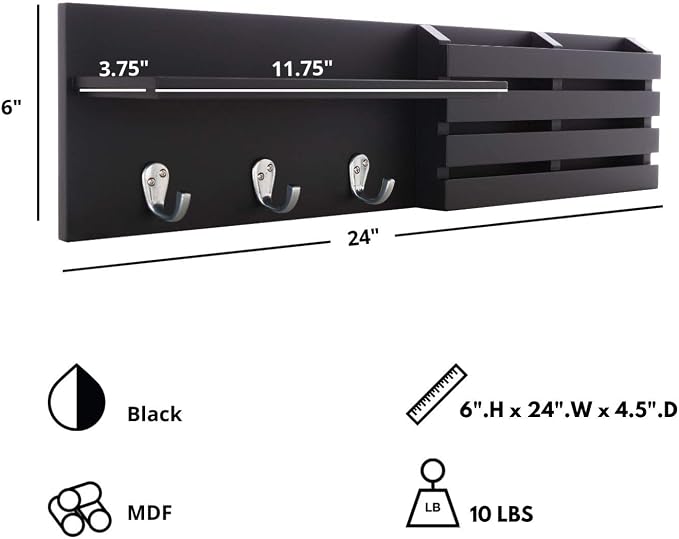 kieragrace KG Sydney Wall Shelf and Mail Holder with 3 Hooks - Black, 24"