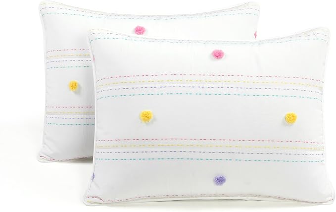 Lush Decor Rainbow Pom Pom and Stripes Quilt Set, 3 Piece Set, Full/Queen, White & Rainbow - Fun & Colorful Kids Bedding Set - Rainbow Quilt for Teen Dorm Decor - Striped Quilt - Girls Bedroom Decor