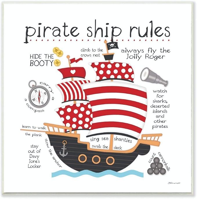 Stupell Home Décor Pirate Ship Rules Wall Plaque Art, 12 x 0.5 x 12, Proudly Made in USA