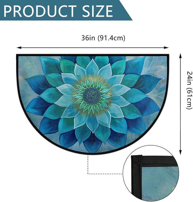 Teal Mandala Half Round Rug Half Moon Door Mat Half Circle Rugs | Floral Flower Washable Non-Slip Semi Circle Rug Welcome Half Round Door Mat Indoor Entrance Kitchen Bedroom Living Room Decor