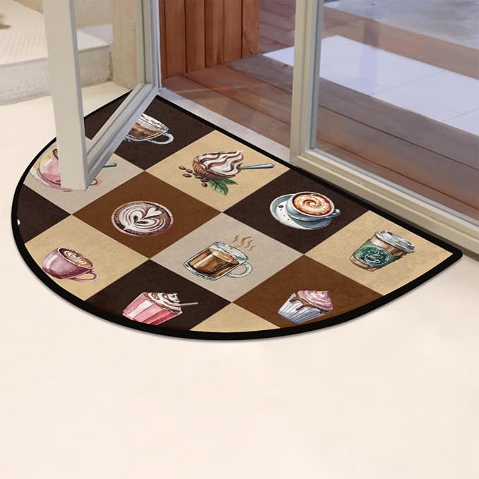 Coffee Half Round Doormat Non-Slip Semi Circle Rug Half Moon Mat | Brown Cup Washable Soft Absorbent Indoor Outdoor Entrance Kitchen Bathroom Sink Patio Welcome Fireplace Floor Rug