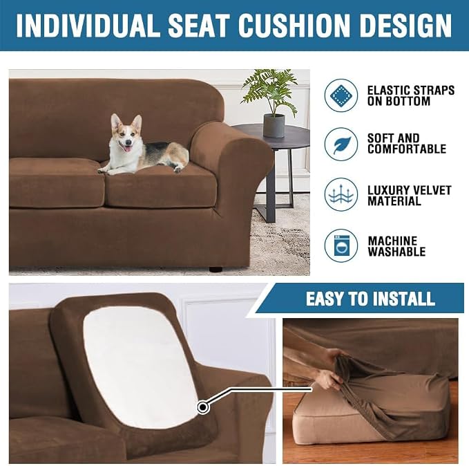 H.VERSAILTEX High Stretch Sofa Slipcover 4 Piece Cover Velvet Furniture Protector Form Fit Thick Velvet Extra Large Sofa Cover for 3 Cushion Couch Width Up to 97 Inch (Large Sofa, Caramel Cafe)