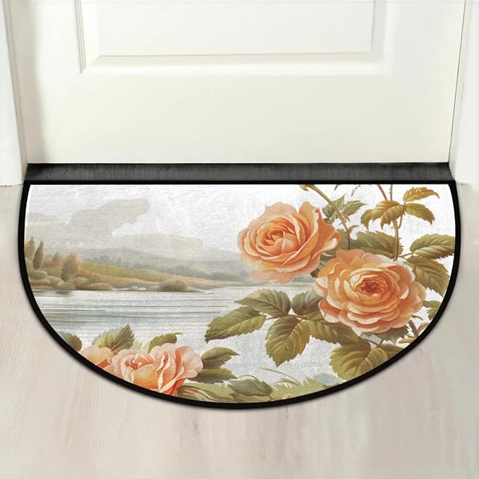cfpolar Half Round Door Mat Vintage Rose Flower Non-Slip Semi Circle Area Rug Washable Half Moon Hearth Rugs for Indoor Outdoor Bathroom Kitchen Patio Runner Mat Laundry Room Home Decoration