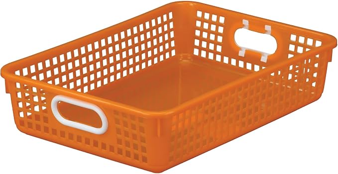 Really Good Stuff Multi-Purpose Small Desktop Paper Storage Baskets | 14" x 10" x 3.25", Set of 4, Neon Group Colors, Classroom Organization, Stackable Mesh Plastic Baskets with Grip Handles