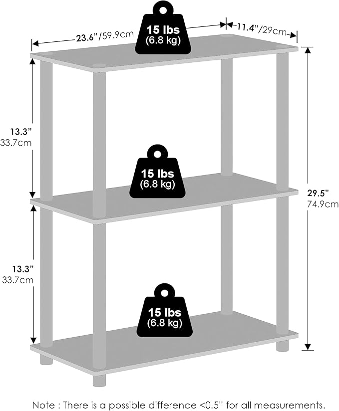 Furinno Turn-N-Tube Book Shelf, 3-Tier Bookshelf, Bookcase with Multipurpose Compact Display Rack, 11.6 x 23.6 x 29.6, for Living Room, Bedroom, Home Office, Columbia Walnut/Black