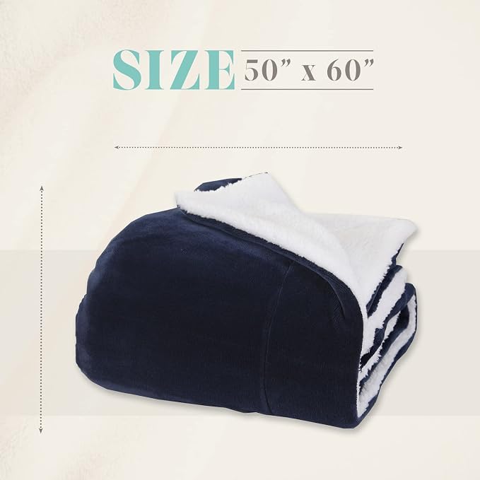 Elegant Comfort Throw Blanket, Reversible Sherpa Flannel, Ultra-Soft, Fuzzy, Cozy and Plush- All Season Lightweight Decorative Throw, 50 x 60 inches, Solid Sherpa Throw, Navy Blue