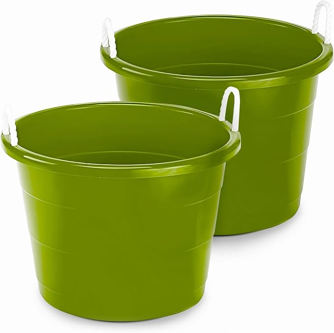 Homz 2 Pack of 17 Gallon Storage Buckets, Durable Plastic Containers, Sturdy Rope Handles, Large Tubs for Sports Equipment, Party Cooler, Gardening, Toys and Laundry, Bold Lime