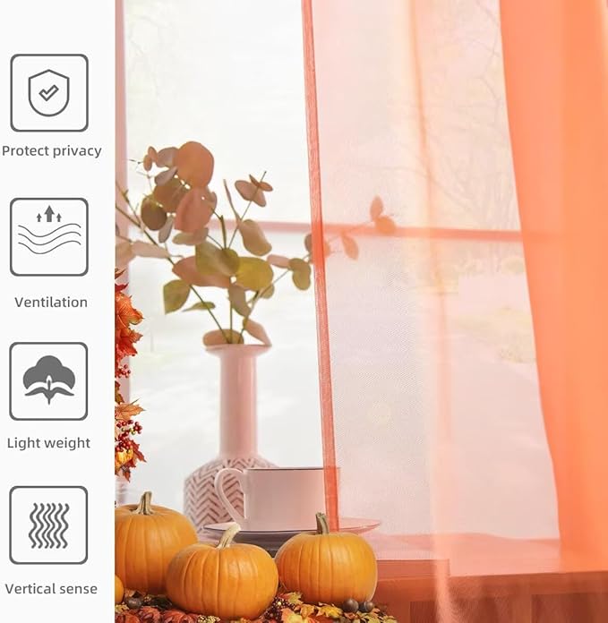 youleyar Solid Sheer Rod Pocket Curtain Voile Draperies 2 Panels White Beige Black Grey Coffee 52 Inch Width 96 Inch Long 1 Pair for Kitchen Bedroom Children Living Room Yard (Orange Red,52Wｘ96L)