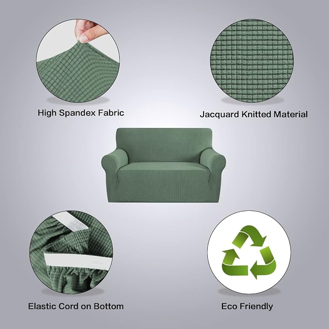 H.VERSAILTEX Stretch Couch Cover Loveseat Covers for 2 Cushion Couch Dog Couch Cover 1 Piece with Elastic Bottom, Textured Checked Jacquard Fabric(Loveseat 58"-70" Wide, Loden Frost)